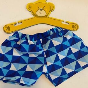 Build-A-Bear Blue and White Patterned Shorts swim trunks & hanger.
